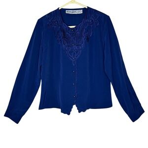 Christine‎ Gerard 90s Embroidered neck Top Blue Long Sleeve Button Down Size 12